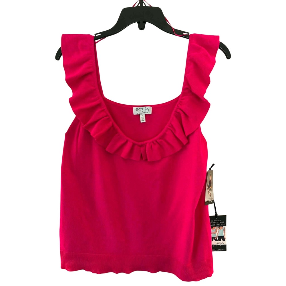 Sofia Jeans Ruffle Tank Top Womens L Pink 2-Way Knit Sweater Cami Y2K Romantic